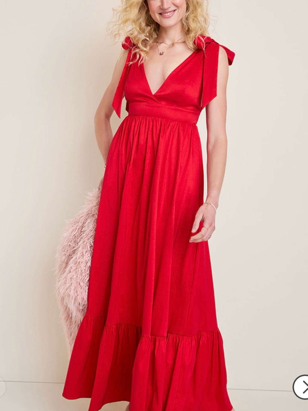Francesca's Collections Red Tie-Shoulder V-Neck Maxi Dress